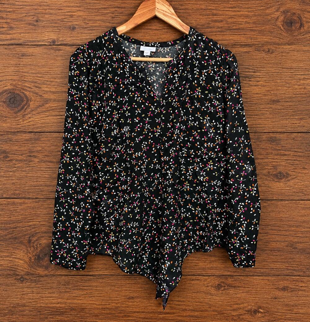 J.Jill Women's Floral Print Blouse Size M Black Multicolor Rayon Long Sleeve